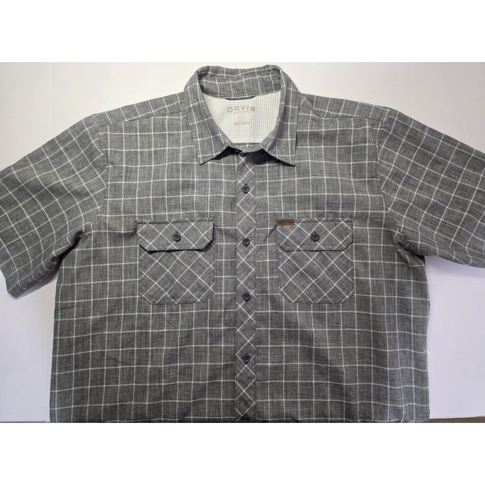 Orvis Mens Size L Short Sleeve Gray Plaid Button Up Shirt